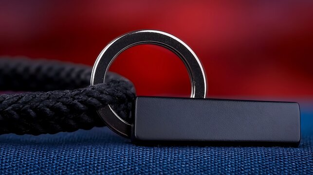 Close-up of a black rope with a metallic loop and rectangular tag against a colorful background