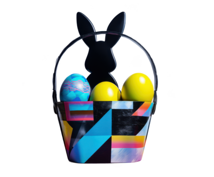 Colorful Easter Basket with Geometric Design and Bunny Silhouette
