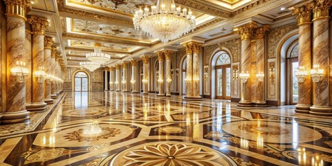 Obraz premium A luxurious glossy marble floor with intricate embossed floral patterns in golden hues, surrounded by ornate stone columns and high ceilings , grandeur, gold