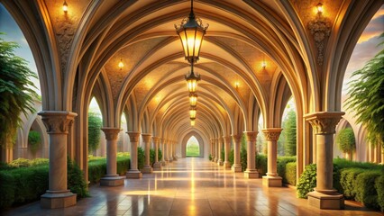 Obraz premium Intricate arches with soft, warm lighting creating a sense of serenity and peacefulness in a natural setting, deep, serene