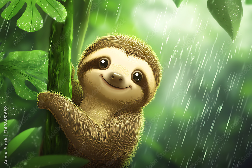 Poster cute sloth clinging to a tree in a lush rainforest with soft rain falling in the background