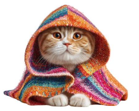 Scottish Fold cat wearing colorful poncho looks adorable and festive, showcasing its expressive eyes and soft fur. vibrant colors of poncho add playful touch to this charming scene