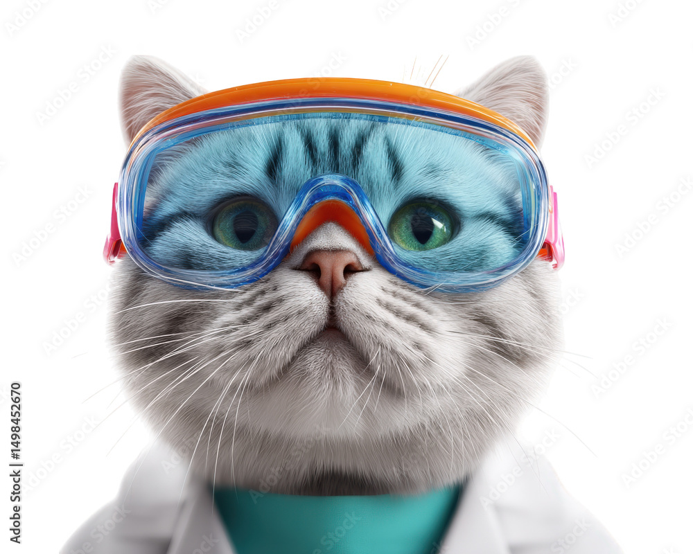 Poster scottish fold cat wearing goggles and lab coat, exuding curious and intelligent expression. this ado