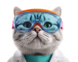 Scottish Fold cat wearing goggles and lab coat, exuding curious and intelligent expression. This adorable feline scientist is ready for experiments and discoveries in playful and whimsical setting
