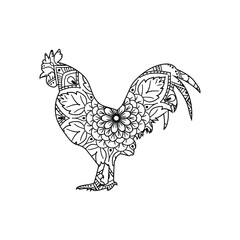 Intricate Mandala Rooster Illustration  Detailed Line Art Design of a Rooster with Floral Patterns