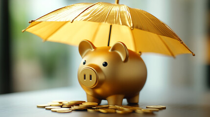 Shiny piggy bank sheltered by a golden umbrella from falling coins, symbolizing savings, financial security, and protection. Caption space on the side.