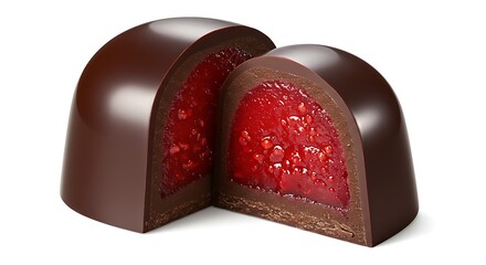 A luscious close-up of chocolate truffles with a delightful fruity center, offering a tantalizing glimpse of the rich flavors within.