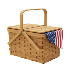 Woven Picnic Basket with American Flag Cloth on White Background