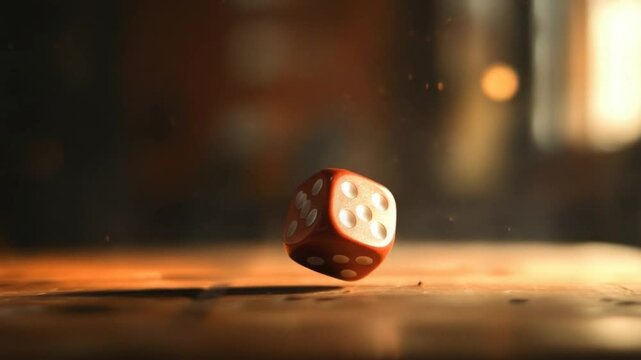 Floating die displays fate's randomness on warm wooden surface in low light