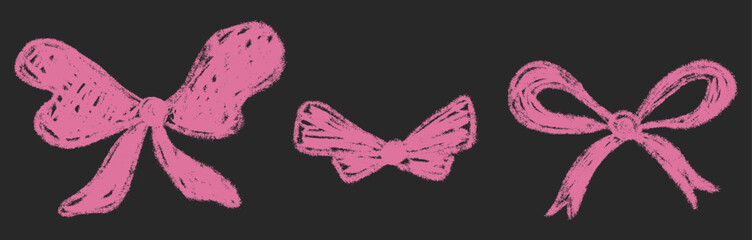 Kids chalk ribbon bow set. Collection freehand child drawings. Hand drawn crayon scribble elements. Cute vintage baby pastel decoration. Childish pink vector illustration isolated on black background.