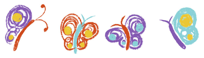 Butterfly chalk textured doodle set. Cute childish style butterflies, moths. Child drawings insect. Crayon freehand scribble kids colorful pastel fireflies. Isolated hand drawn vector illustration