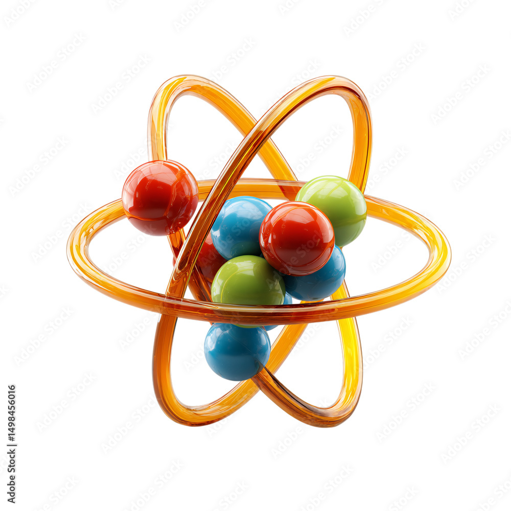 Poster abstract atom model with colorful electrons isolated on transparent background