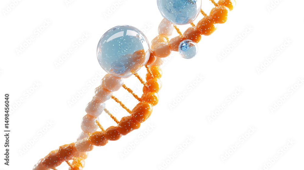 Poster 3d render of dna strand with bubbles isolated on transparent background