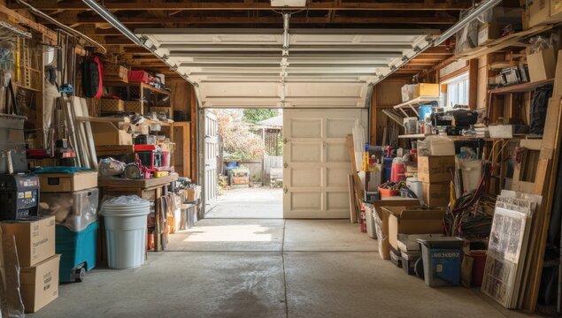 Cluttered garage with open door and items