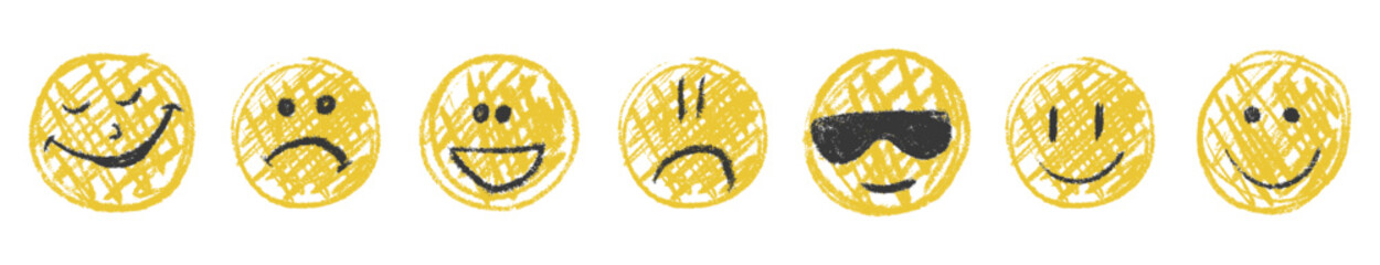 Doodle chalk smile emoji face icon set. Textured kids hand drawn sketch different emotion emoticons. Scribble mood, happy, sad, smiley face. Pencil crayon drawing comic isolated vector illustration
