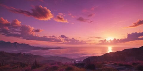 Fototapeta premium Blazing sunset, a breathtaking panorama of pink, orange, and purple sky , paint, amazing