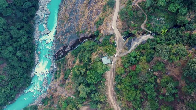 River and Roadside Landscape on the Way to Lamjung, Nepal &ndash; 4K Aerial View