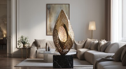Living room interior design with modern sculpture