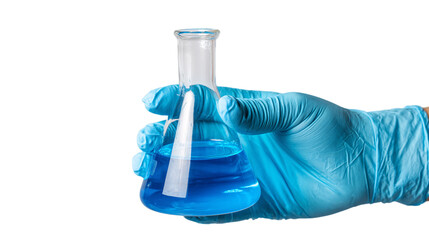 Gloved hand holding Erlenmeyer flask with blue liquid isolated on transparent background