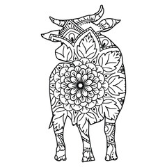 Intricate Mandala Cow Coloring Page  Detailed Line Art Design for Adults