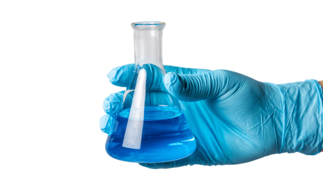 Gloved hand holding Erlenmeyer flask with blue liquid isolated on transparent background