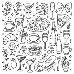 Set of hand drawn whimsical illustrations of food and drinks. Doodle drawings of italian and french 
food, cocktails, flowers