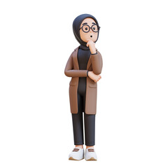 3D muslim girl character is thinking with her arms crossed and looking to up