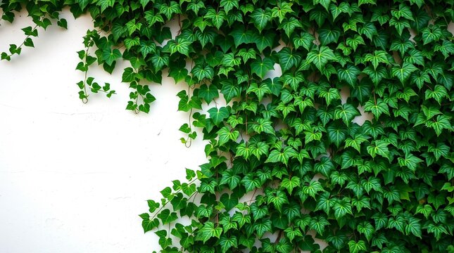 Natural green ivy vine leaves create a vibrant wall texture, perfect for a fresh garden background.
