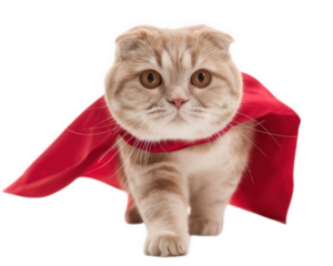 Scottish Fold cat wearing superhero mask and red cape, exuding confidence and charm, ready to embark on adventure. This adorable feline captures essence of bravery and playfulness