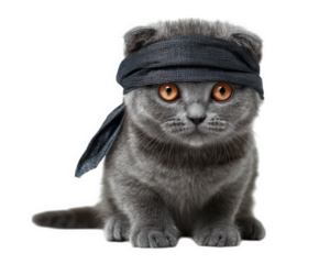 Scottish Fold cat dressed as ninja, showcasing its playful and adventurous spirit. cat has striking orange eyes and black headband, ready for action and fun