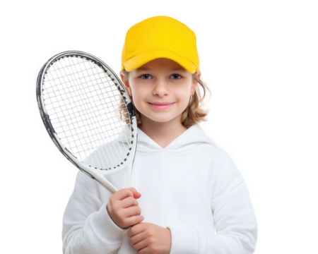 Young boy holding tennis racket, wearing yellow cap and white hoodie, exuding confidence and joy. His playful spirit shines through as he prepares for game of tennis