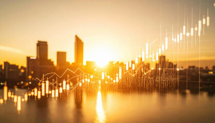Photography of a Virtual financial stock market graph with upward trending lines and candlestick charts on the background of an urban skyline.