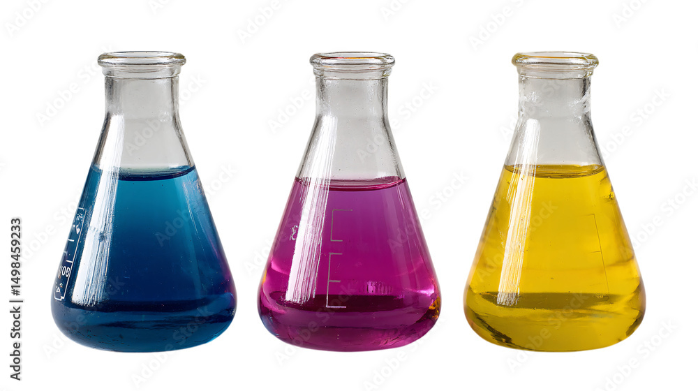 Aufkleber three erlenmeyer flasks with colored liquids isolated on transparent background
