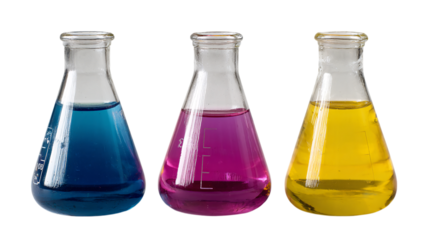 Three Erlenmeyer flasks with colored liquids isolated on transparent background