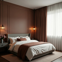 A stylish bedroom features a luxurious bed dressed in soft linens, warm brown accents, and delicate floral decor against a rich, earthy backdrop Generative AI