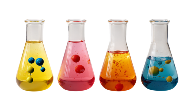 Four Erlenmeyer flasks with colorful liquids isolated on transparent background - Powered by Adobe