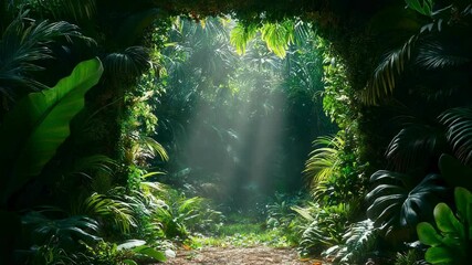 Sunbeams Illuminating a Lush Tropical Jungle Path - Powered by Adobe