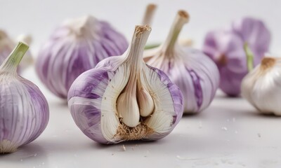 Fresh garlic bulbs, vibrant purple skin, white background,  pungent,  bulbs,  asian