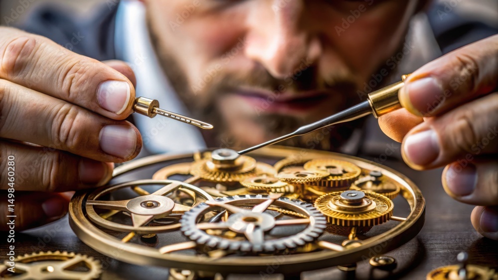 Poster Intricate Watchmaker Assembling Gears with Precision Tools Close-Up