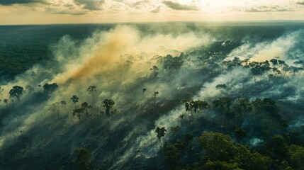 Obraz premium Aerial view of a vast rainforest consumed by wildfire smoke.