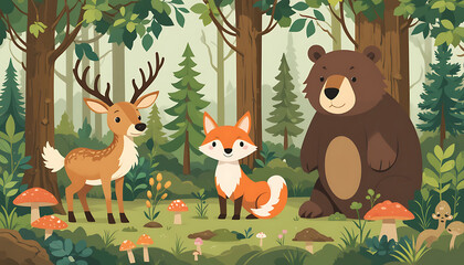 "A vector illustration of forest wildlife: a friendly deer, fox, and bear among pine trees, mushrooms, and bushes. Flat design style with earthy natural colors (greens, browns). 