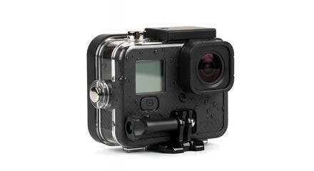 Waterproof Action Camera in Protective Housing, Isolated on White