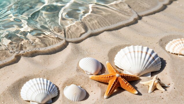 A serene close-up shot of a sandy beach with crystal-clear turquoise water gently washing over the shore - Powered by Adobe
