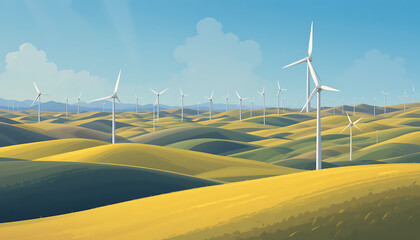 A vector illustration of a wind farm on rolling hills under a clear blue sky. Multiple white wind turbines with turning blades spread across green fields.