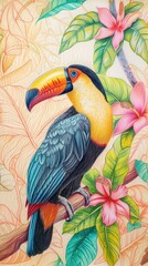 Fototapeta premium Realistic vintage drawing of tropical bird toucan animal sketch.