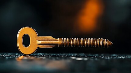 Close-up of a golden key with a unique design resting on a wet surface, with blurred background