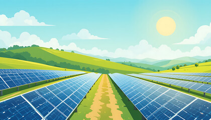 A vector illustration of a solar farm with rows of solar panels in a sunny landscape. Flat design style with green hills and a bright sun in the sky.