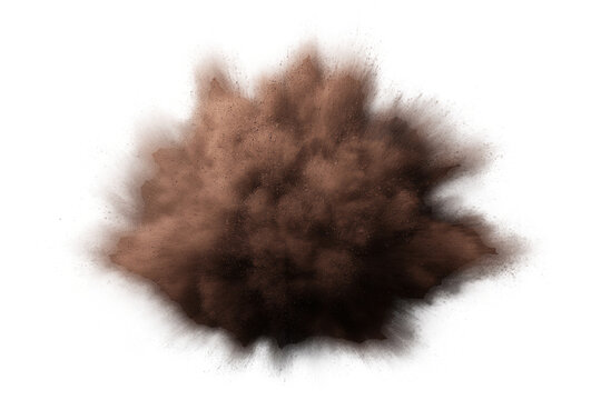 Dynamic explosion of brown powder with vibrant particle accents, cut out