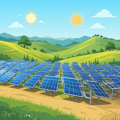 A vector illustration of a solar farm with rows of solar panels in a sunny landscape. Flat design style with green hills and a bright sun in the sky.