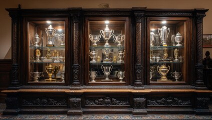 Trophies displayed in ornate wooden cabinet